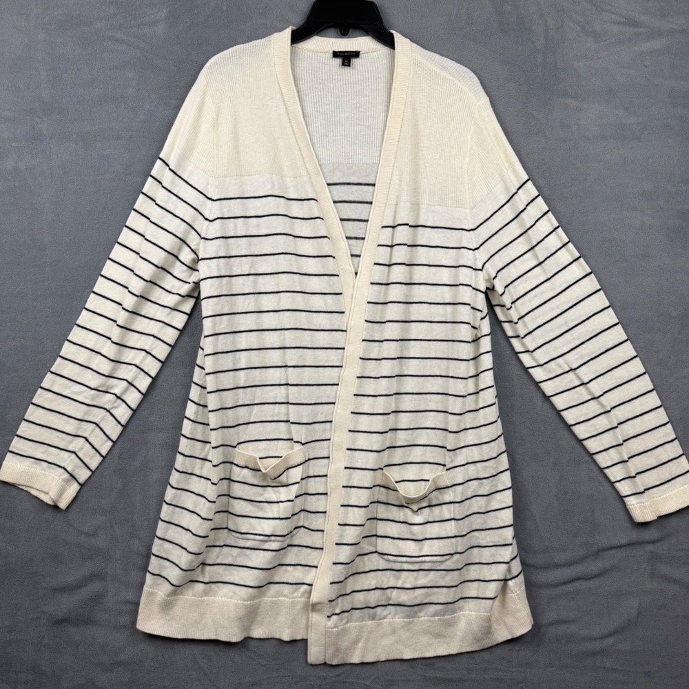 Talbots Women's Striped Open Front Cardigan Sweater XL Beige Black‎ Pockets